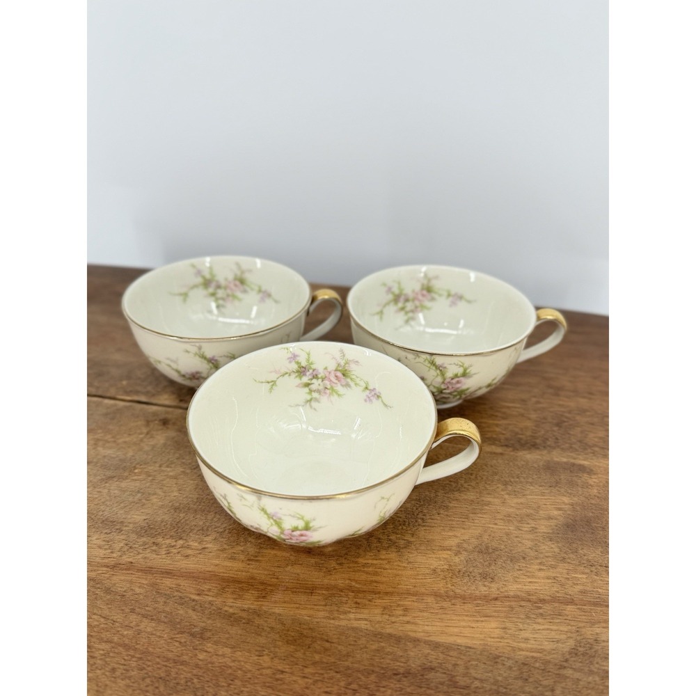 Theodore Haviland Rosalinde Teacups Set of 3 Pink Rose Floral‎ Gold Trim Vintage